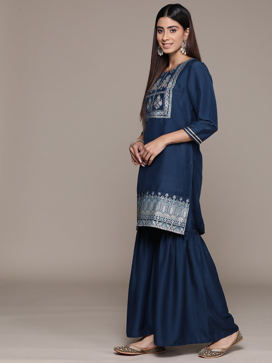 Women's Navy Blue CHINON Straight Kurta And Sharara Set