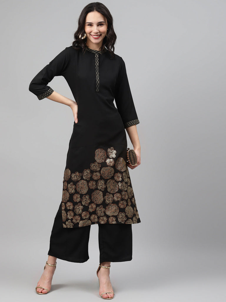 Women's Black Color Foil Print Straight Only Kurta