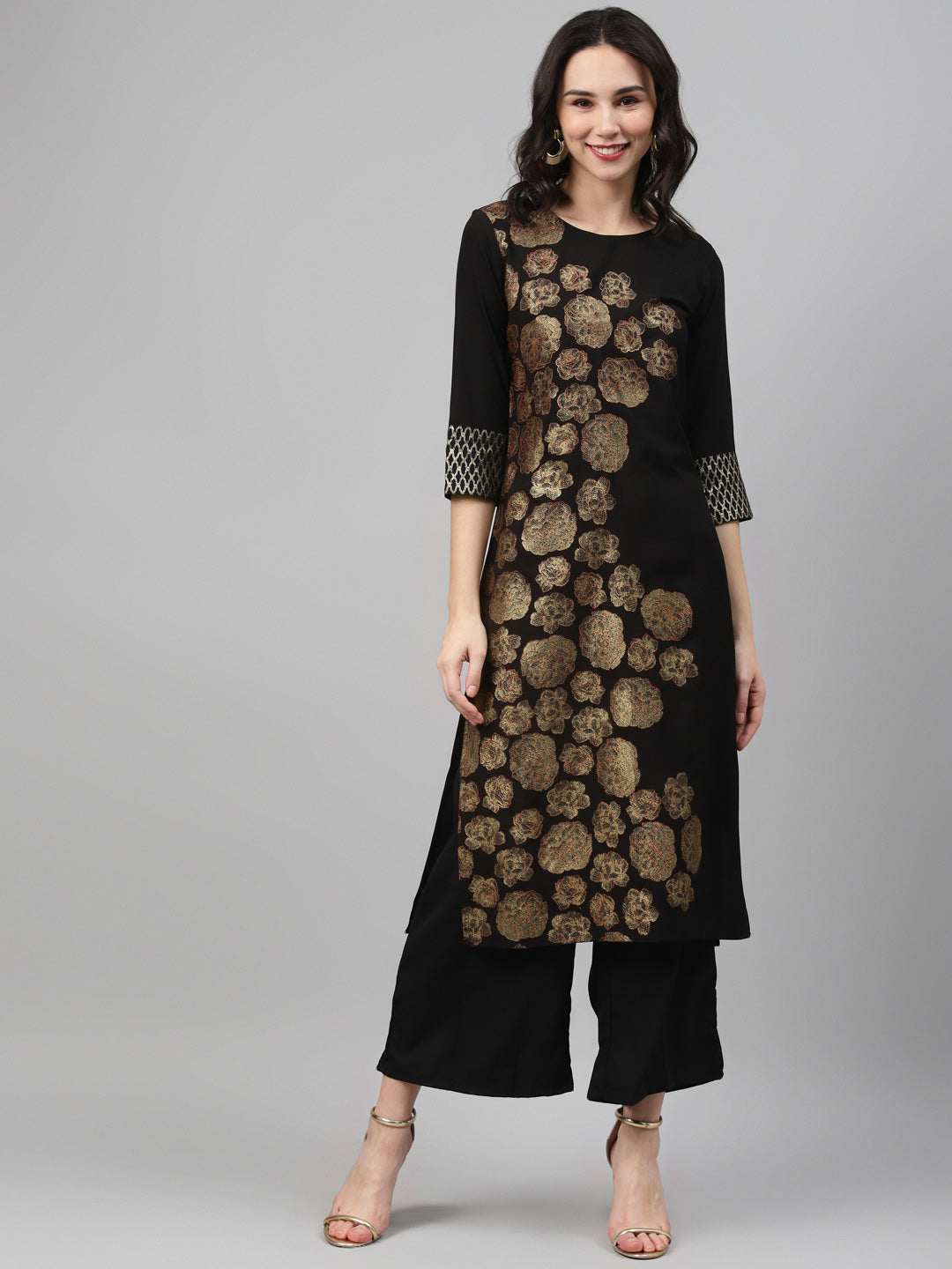 Women's Black Foil Print Crepe Kurta And Palazzo Set