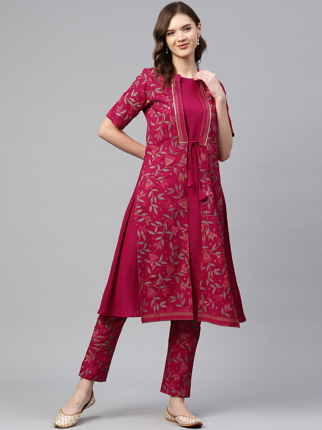 Women Magenta Pink Printed A-Line Kurta and Pant Set by Ziyaa (2