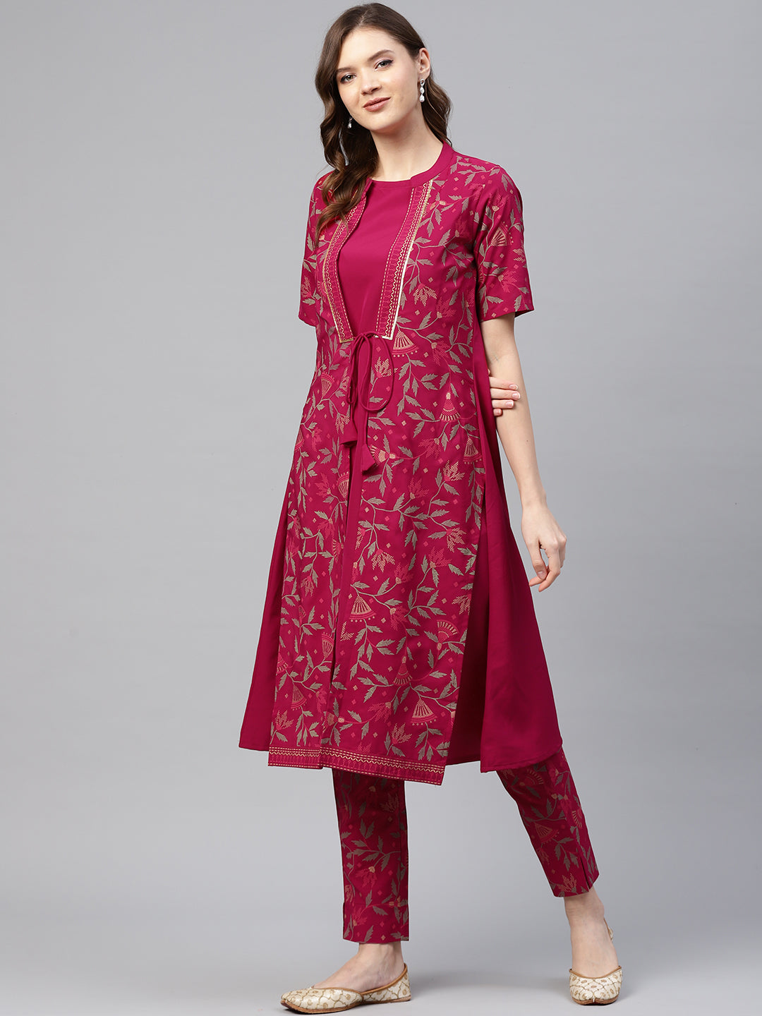 Women Magenta Pink Printed A-Line Kurta and Pant Set by Ziyaa (2