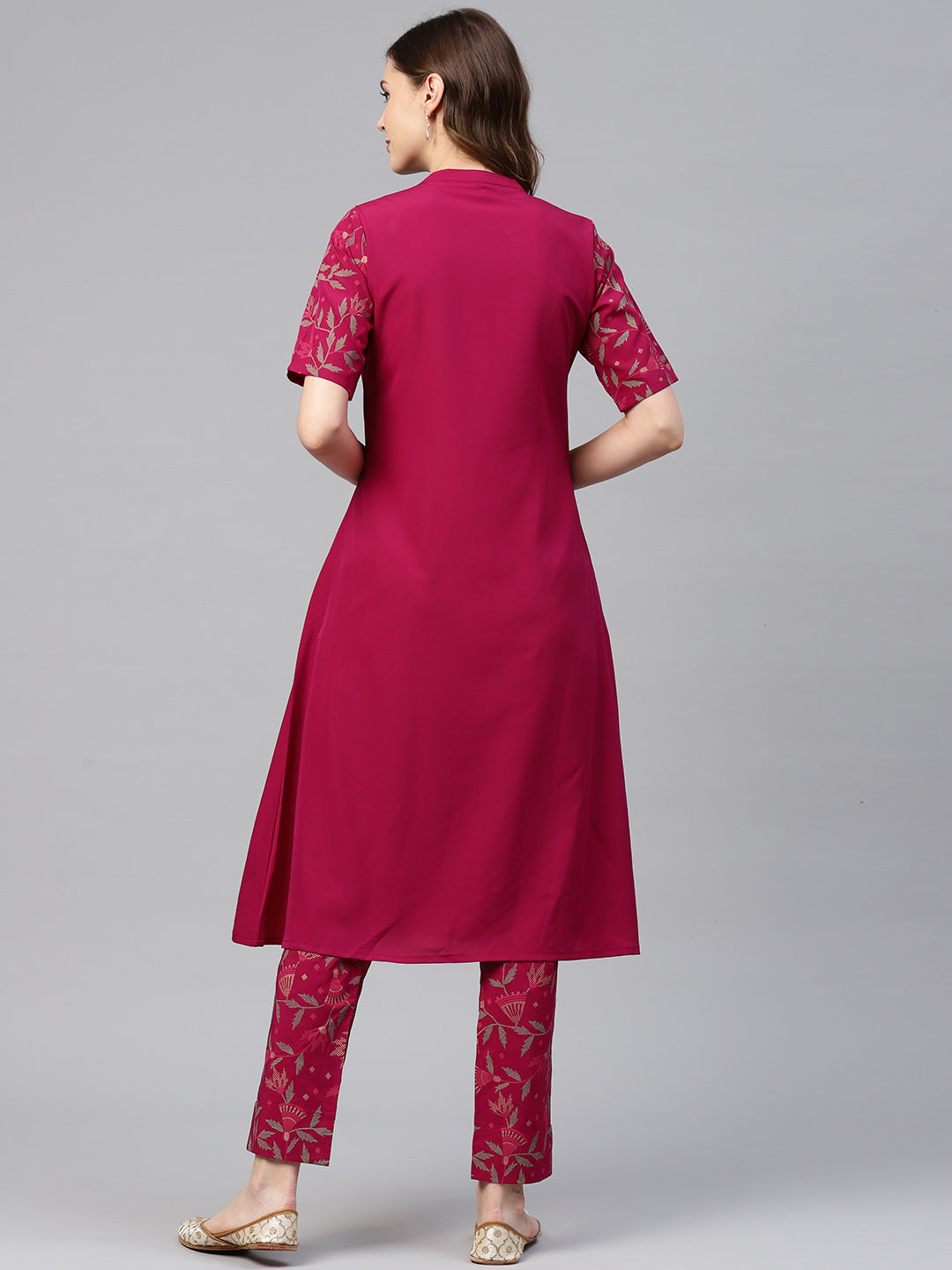 Women Magenta Pink Printed A-Line Kurta and Pant Set by Ziyaa (2