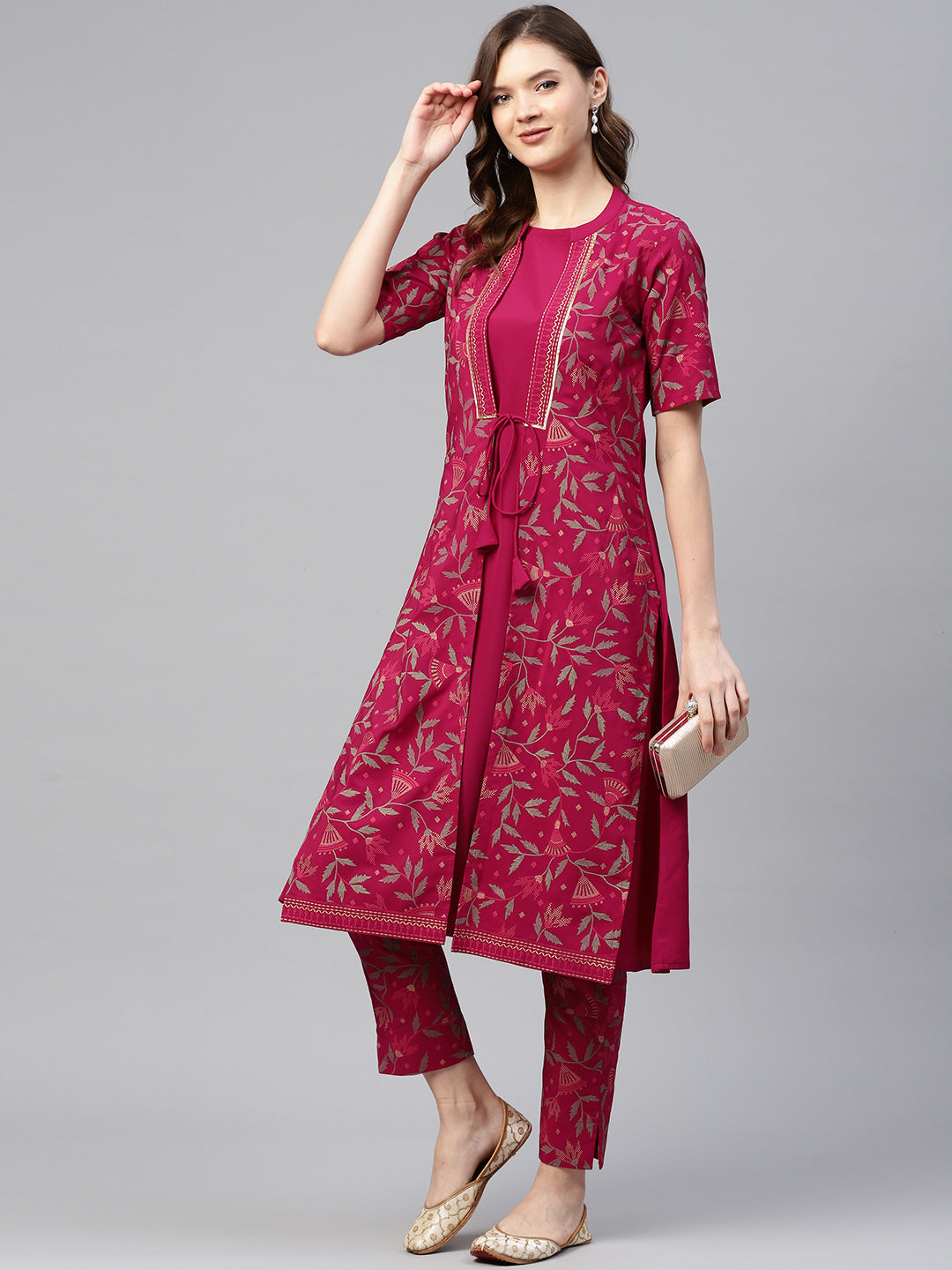 Women Magenta Pink Printed A-Line Kurta and Pant Set by Ziyaa (2