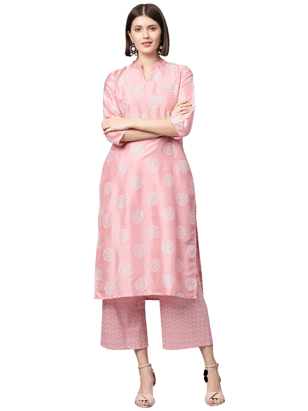 Women Pink Silk Kurta With Palazzo by Ziyaa (2