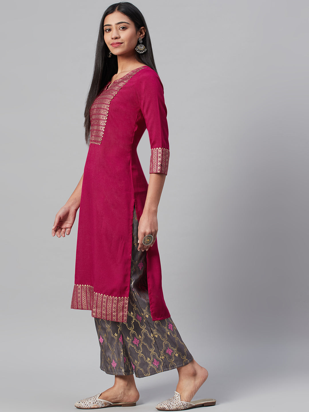 Women Pink Silk Kurta and Palazzo Set by Ziyaa (2