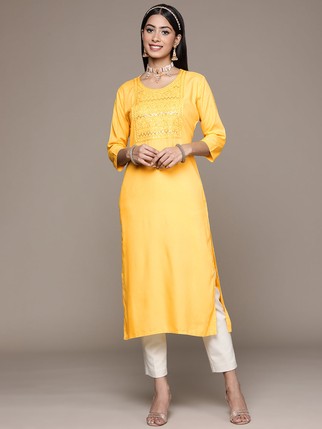Women's Yellow Rayon Straight Kurta - Ziyaa