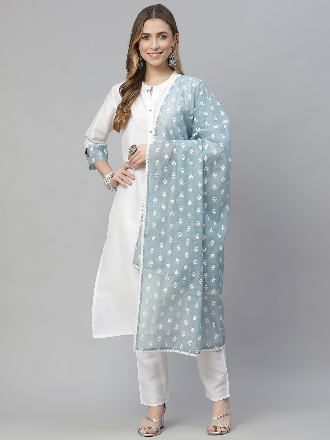 Women White Kurta with Pant & Dupatta Set by Ziyaa (3