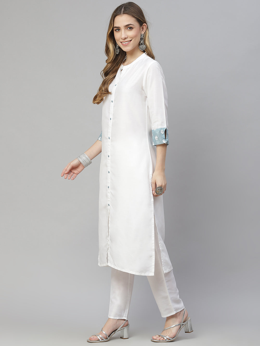 Women White Kurta with Pant & Dupatta Set by Ziyaa (3