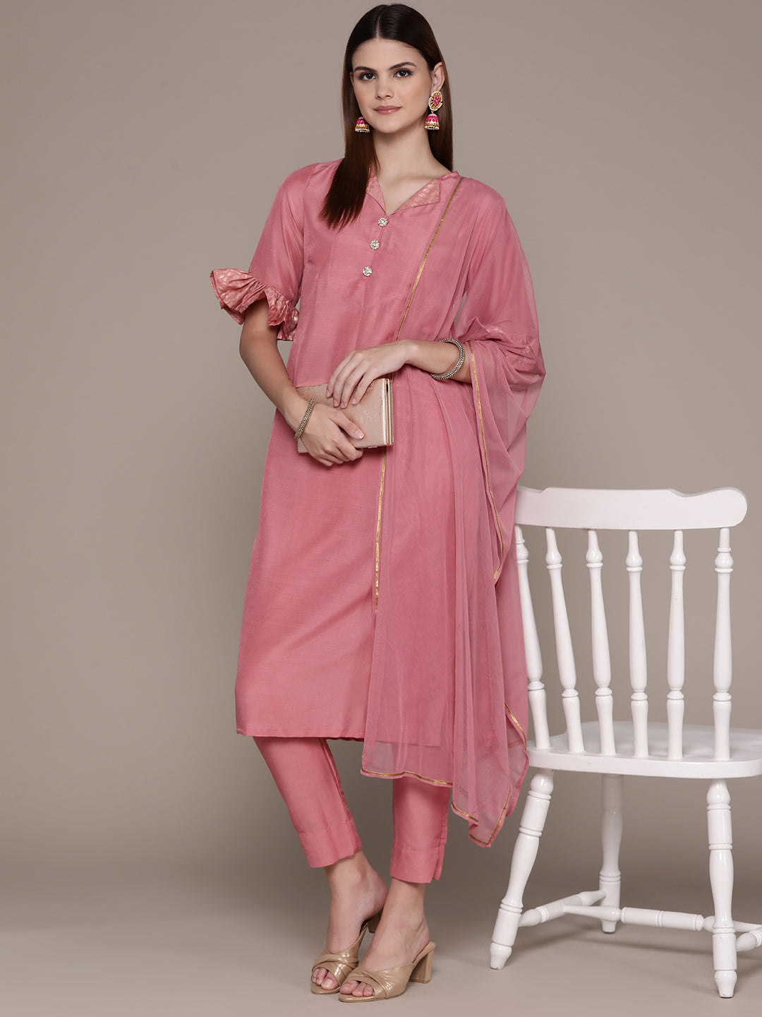 Women's Pink Chinon Kurta, Pant And Dupatta Set - Ziyaa