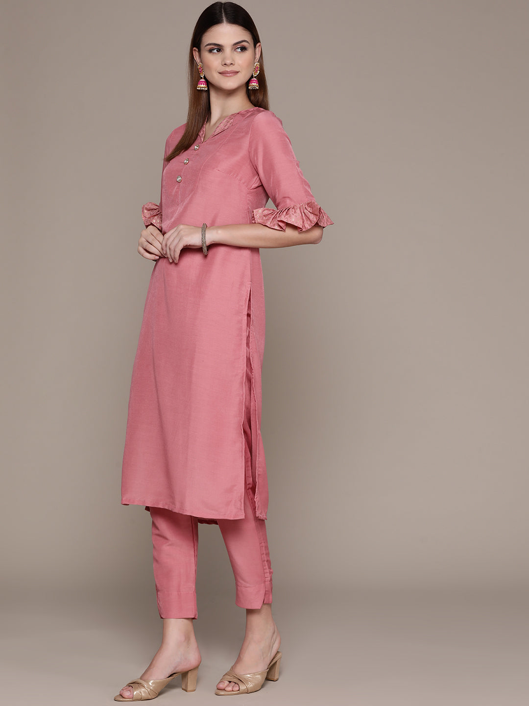Women's Pink Chinon Kurta, Pant And Dupatta Set - Ziyaa