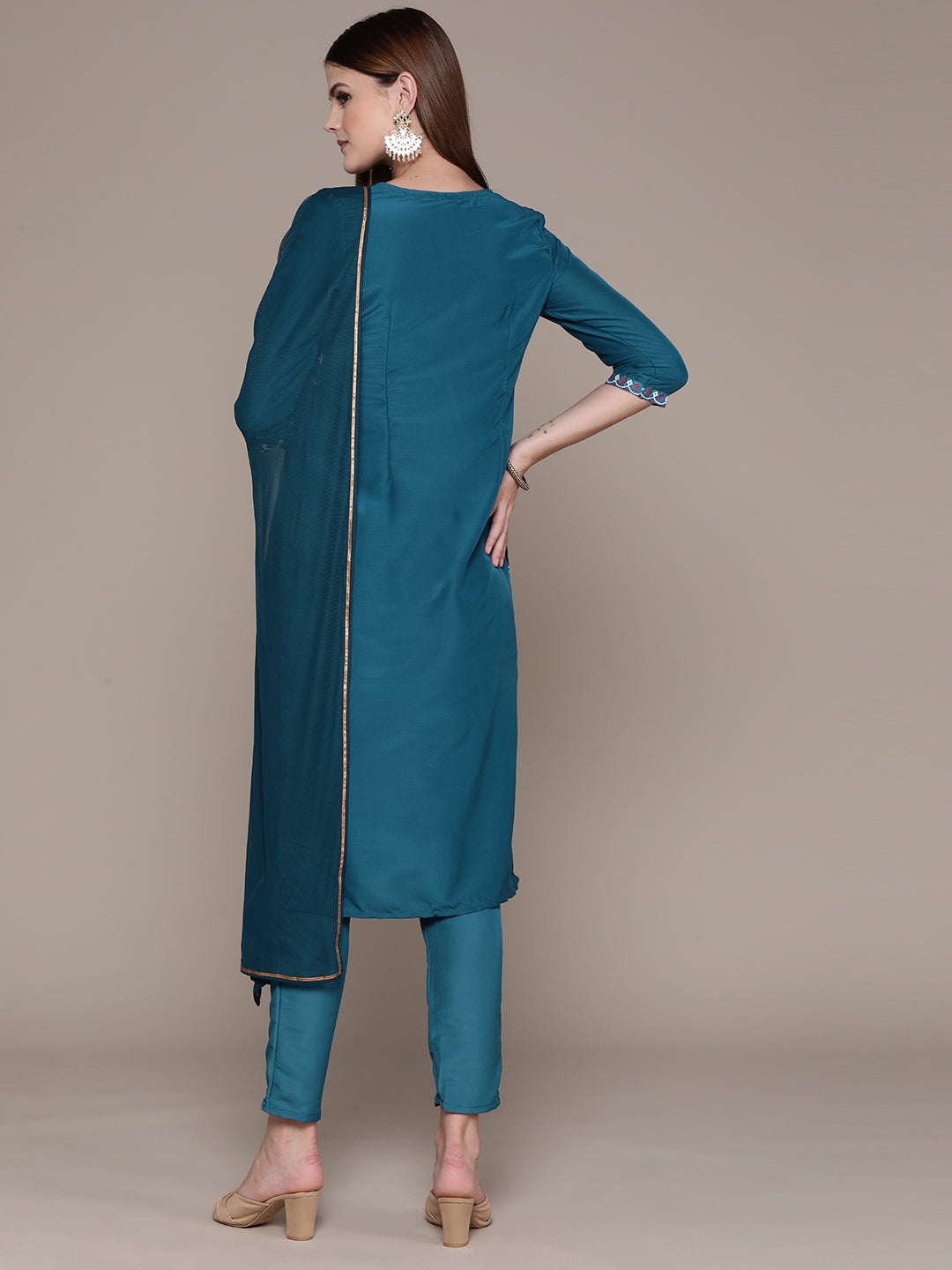 Women's Blue Chinon Kurta, Pant And Dupatta Set - Ziyaa