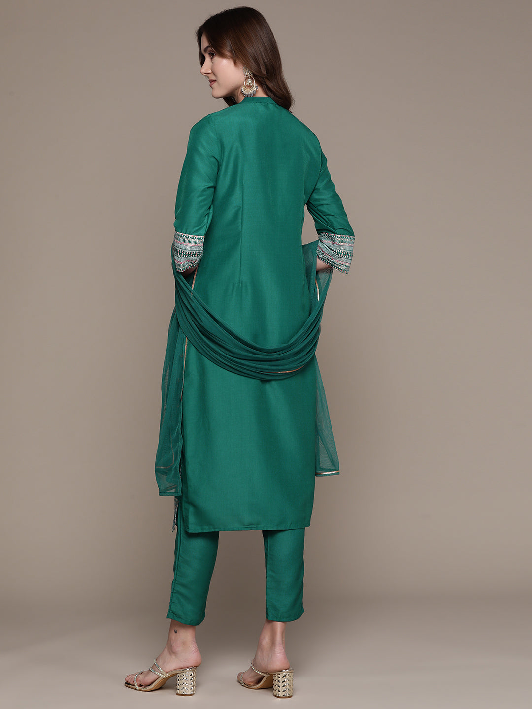 Women's Green Chinon Kurta, Pant And Dupatta Set - Ziyaa