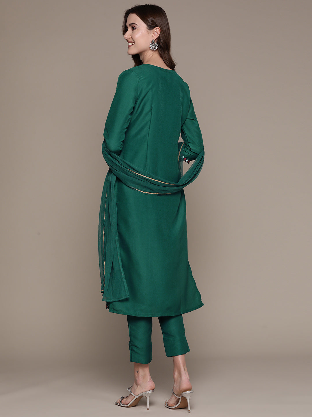 Women's Green Chinon Kurta, Pant And Dupatta Set - Ziyaa