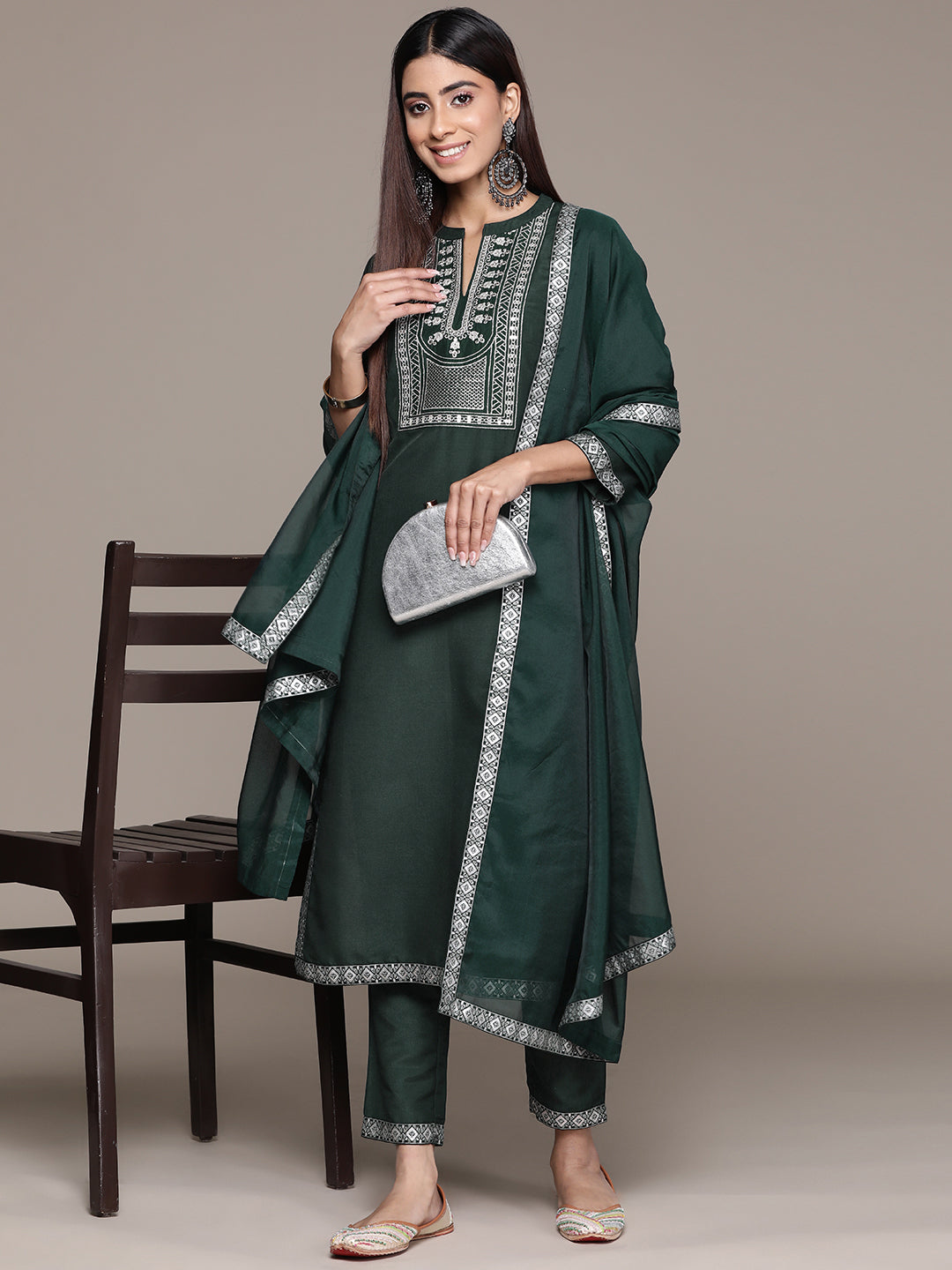 Women's Green CHINON Straight Kurta, Pant And Dupatta Set