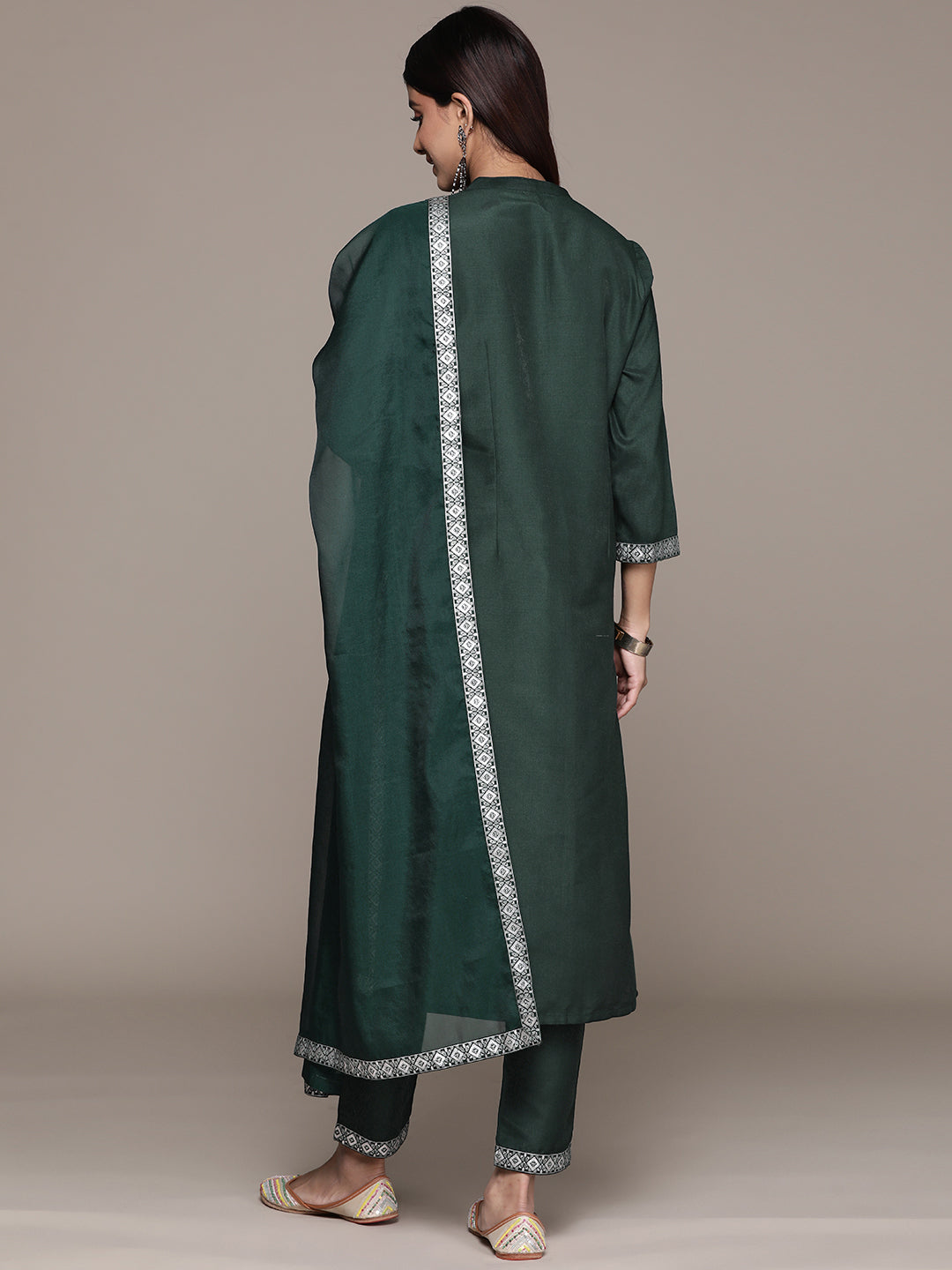 Women's Green Chinon Straight Kurta, Pant And Dupatta Set - Ziyaa