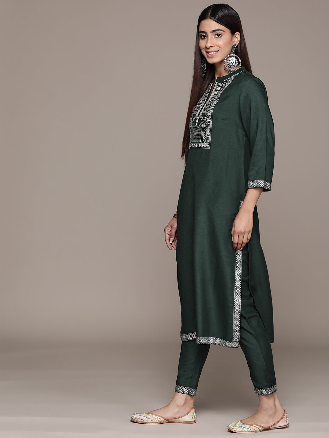 Women's Green CHINON Straight Kurta, Pant And Dupatta Set