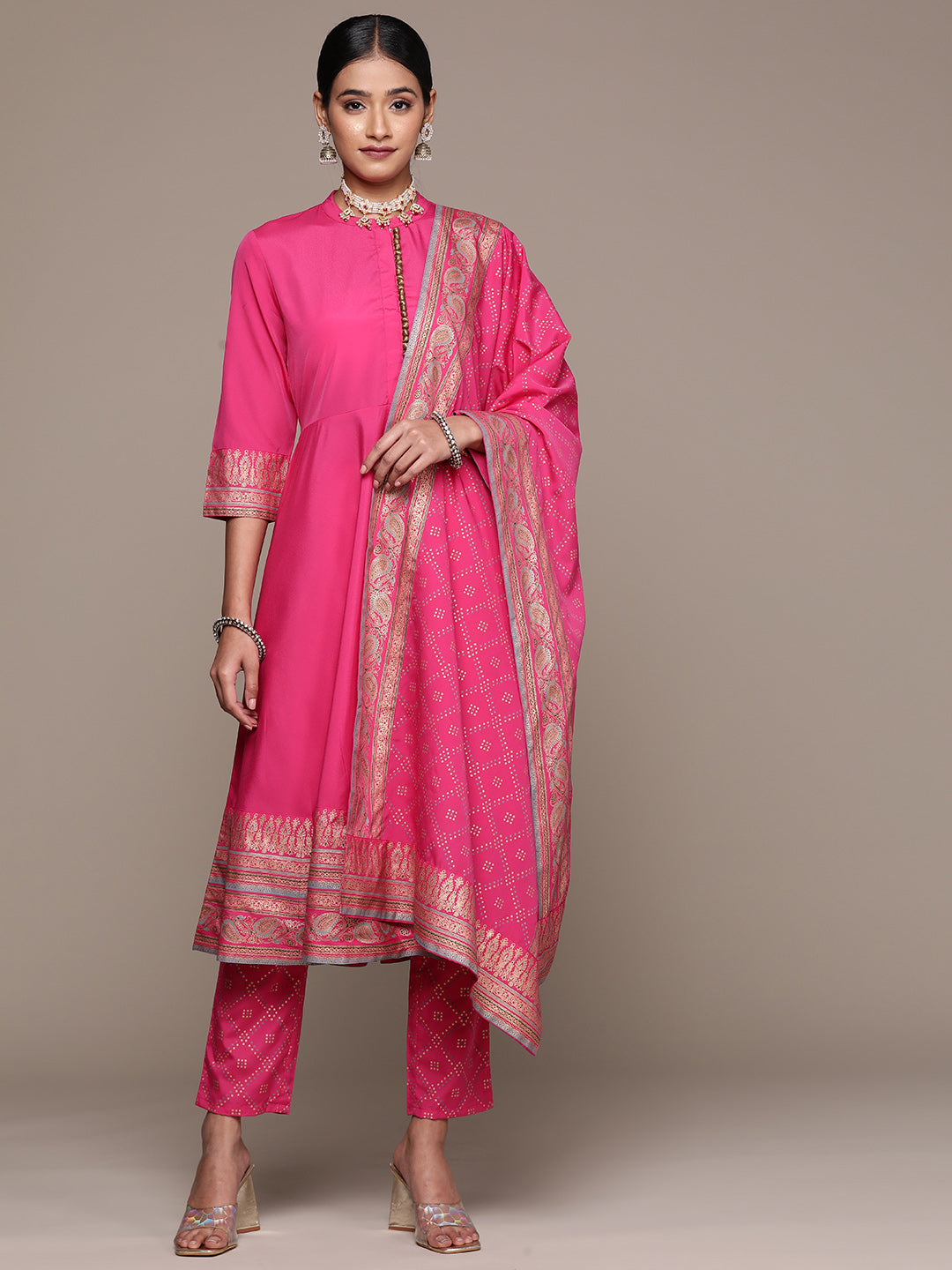 Women's Pink Crepe Kurta, Pant And Dupatta Set