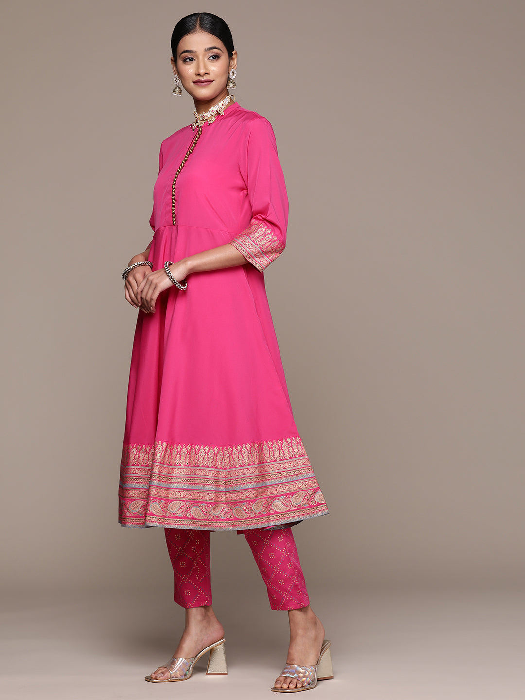 Women's Pink Crepe Kurta, Pant And Dupatta Set
