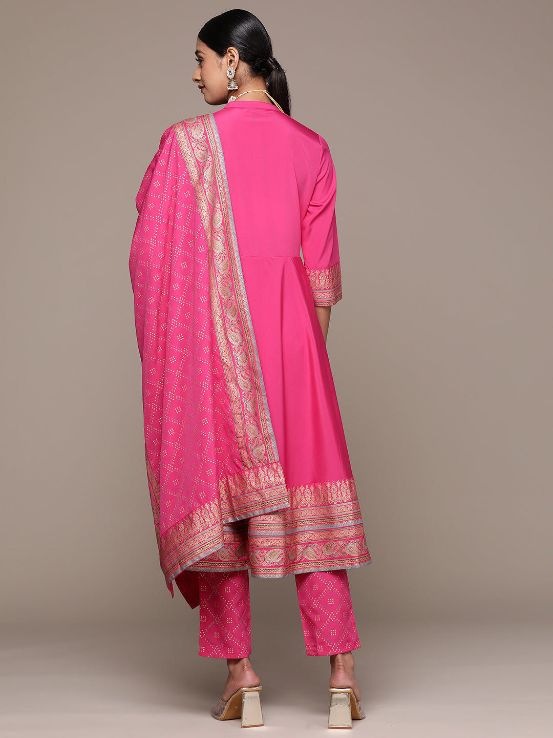 Women's Pink Crepe Kurta, Pant And Dupatta Set