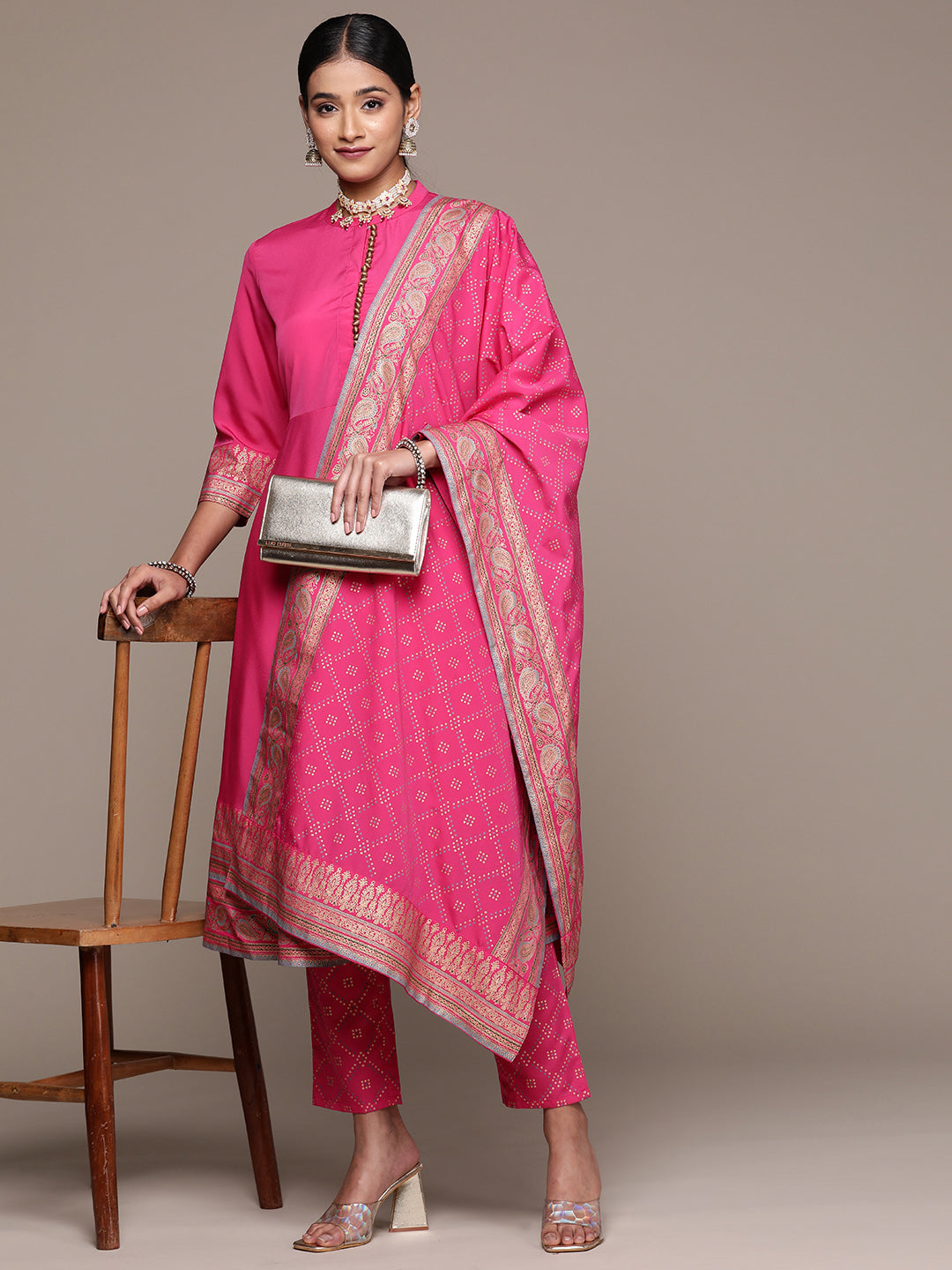 Women's Pink Crepe Kurta, Pant And Dupatta Set