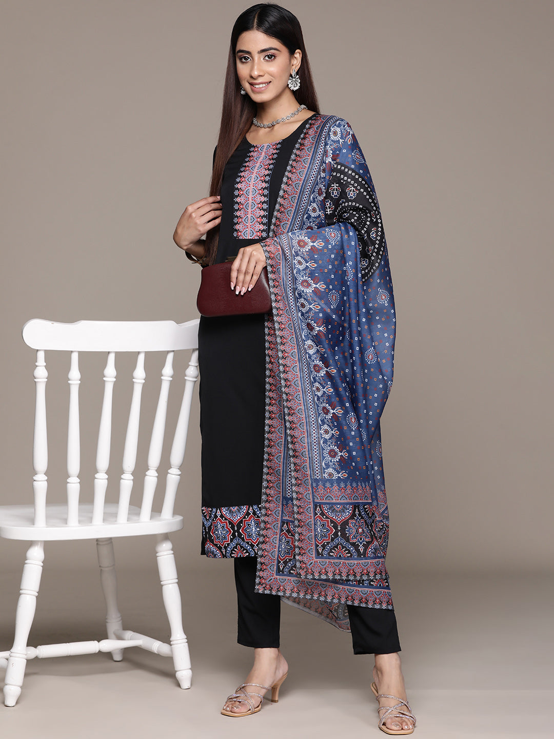 Women's Black Crepe Straight Kurta, Pant And Dupatta Set