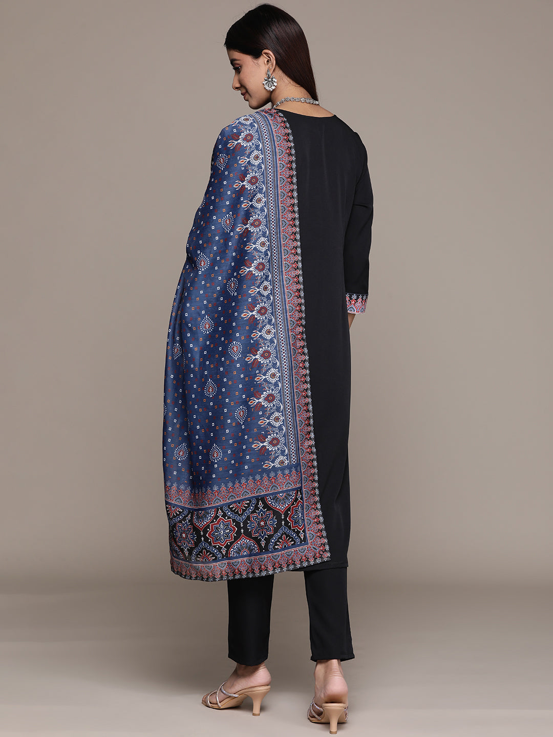 Women's Black Crepe Straight Kurta, Pant And Dupatta Set