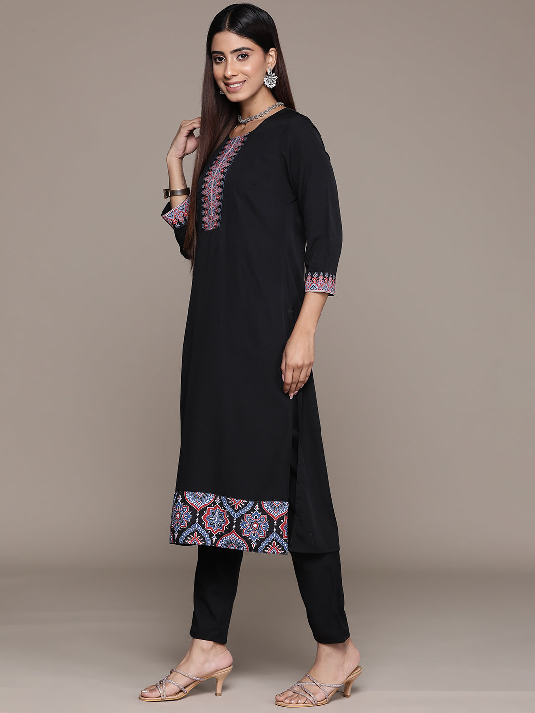 Women's Black Crepe Straight Kurta, Pant And Dupatta Set