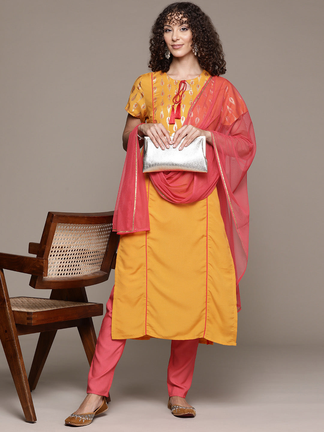 Women's Mustard Rayon Kurta, Pant And Dupatta Set - Ziyaa