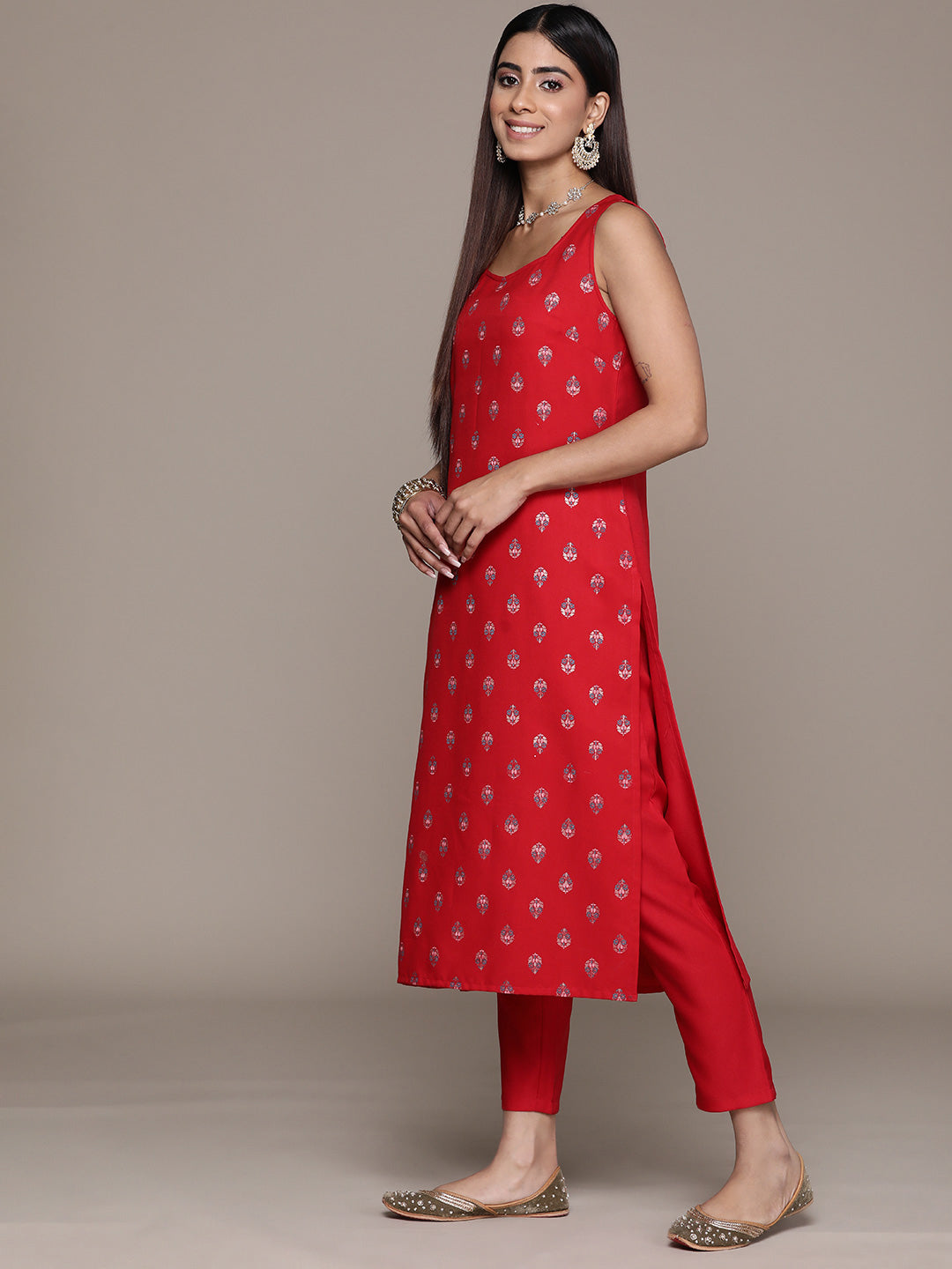 Women's Red Poly Rayon Straight Kurta, Pant And Dupatta Set - Ziyaa