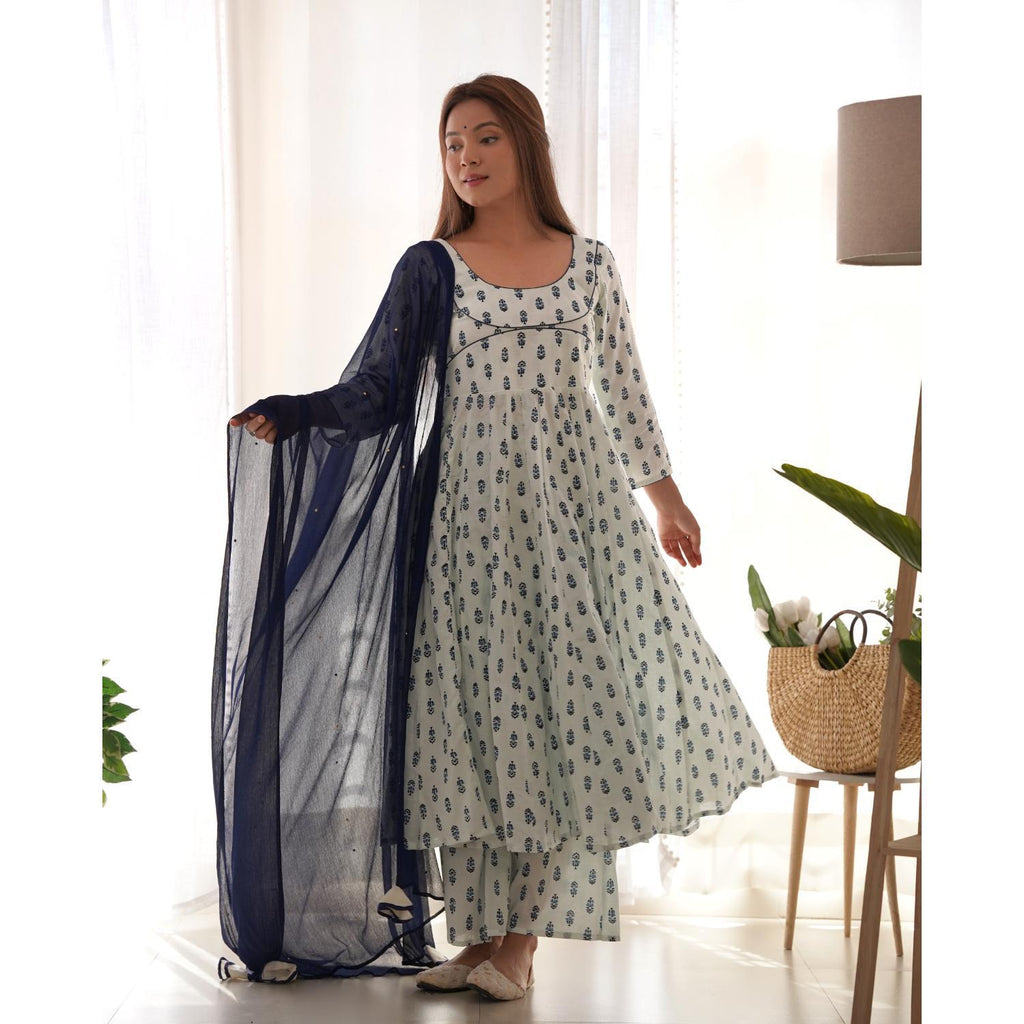 Women's White Handblock Anarkali Palazzo Set With Dupatta