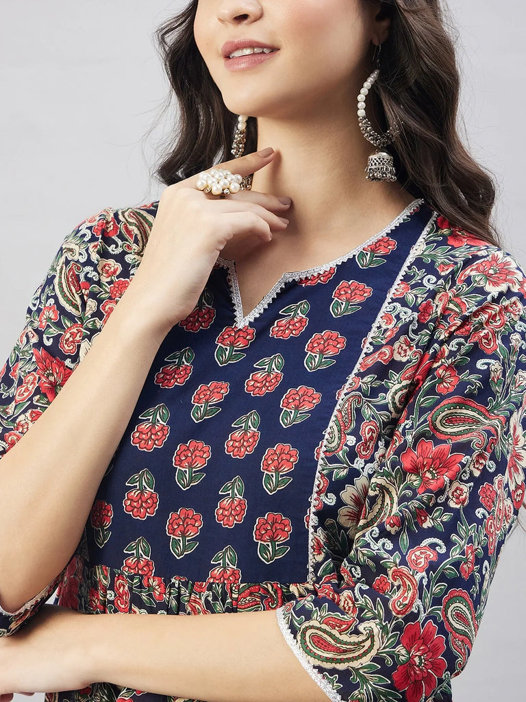 Women's Navy Blue Floral Print Naira Cut Kurta Set