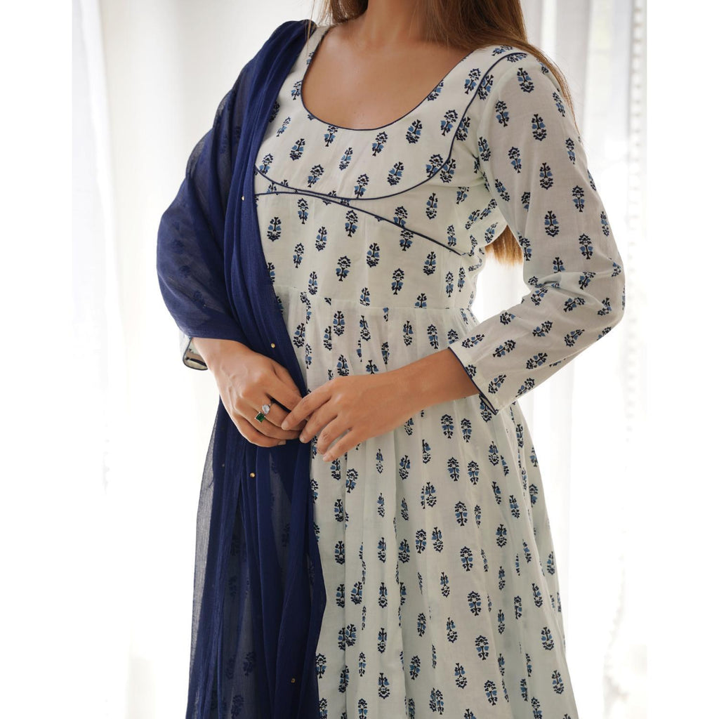 Women's White Handblock Anarkali Palazzo Set With Dupatta