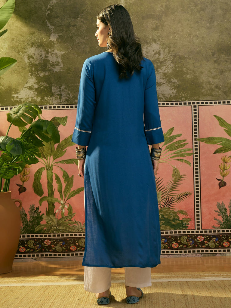 Women's Blue Solid & Embroidered Rayon Straight Kurta