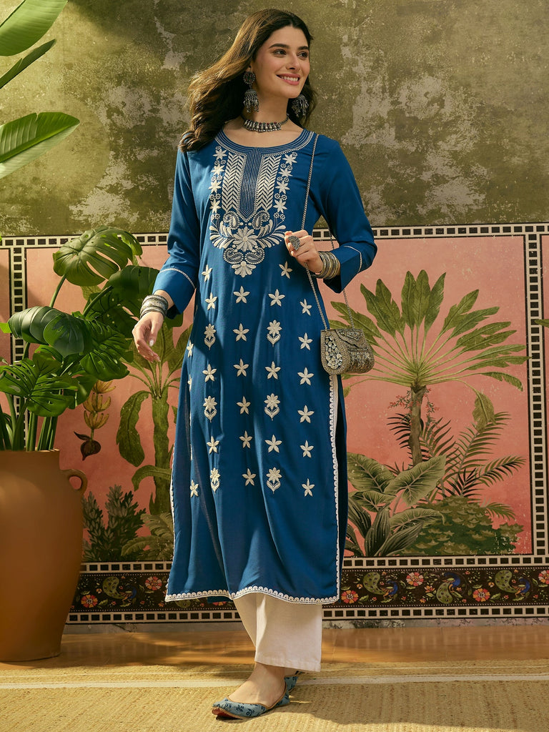 Women's Blue Solid & Embroidered Rayon Straight Kurta