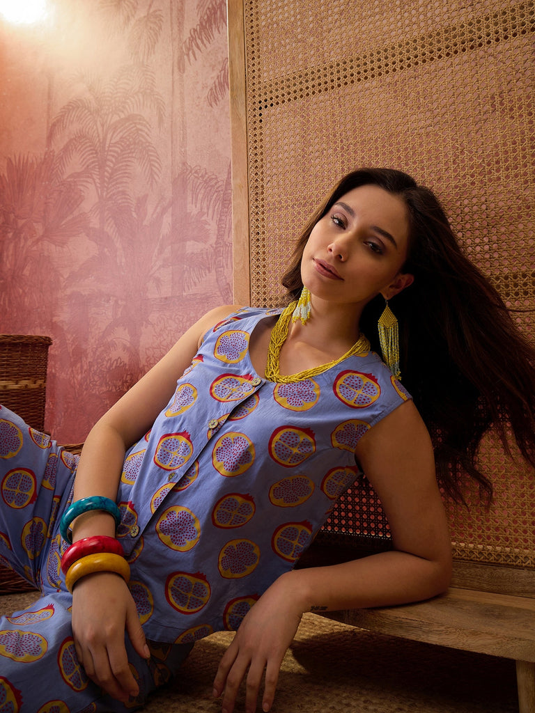 Women's Blue Floral Printed Cotton Co-Ord Set