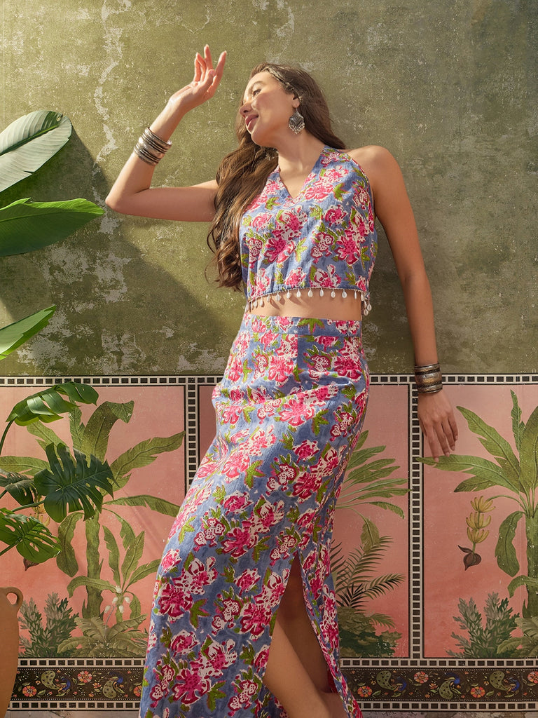 Women's Turquoise Floral Printed Cotton Co-Ord Set