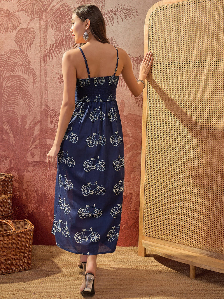 Women's Blue Printed Cotton Front Slit Dress