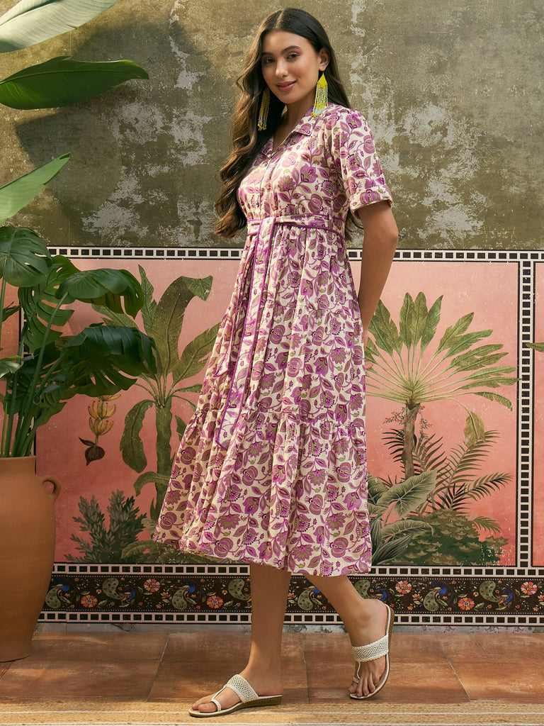 Women's Cream Floral Printed Cotton Flared Dress