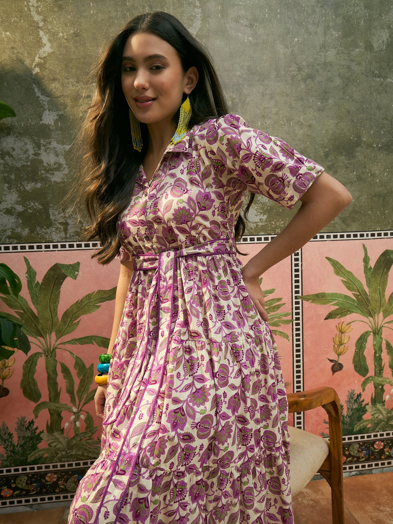 Women's Cream Floral Printed Cotton Flared Dress