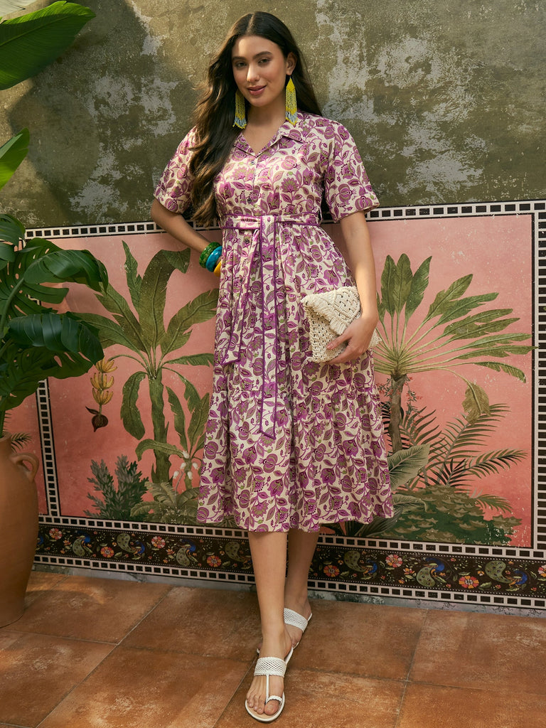 Women's Cream Floral Printed Cotton Flared Dress