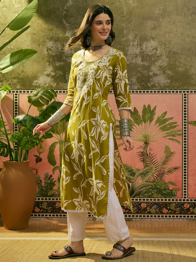 Women's Green Floral Printed & Embroidered Cotton Straight Kurta