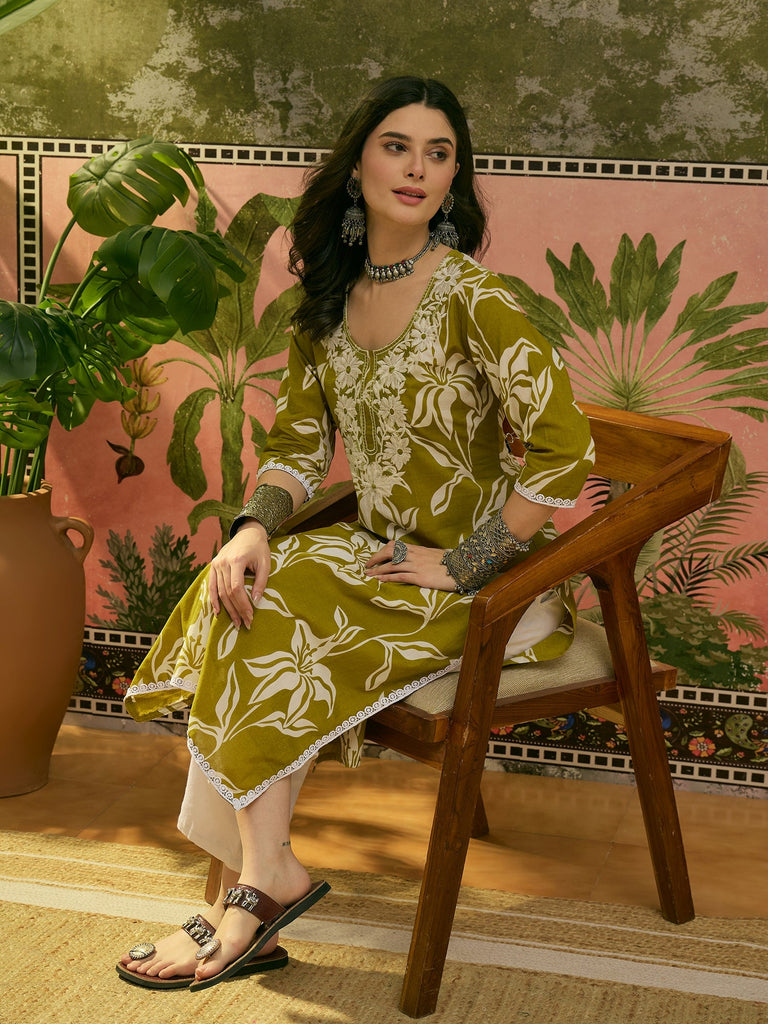 Women's Green Floral Printed & Embroidered Cotton Straight Kurta
