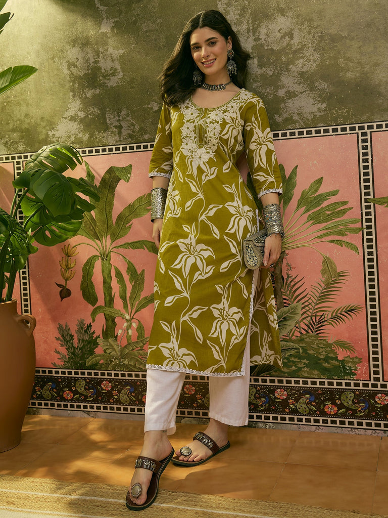 Women's Green Floral Printed & Embroidered Cotton Straight Kurta