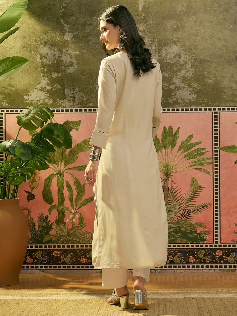 Women's Ivory Solid & Embroidered Rayon Straight Kurta