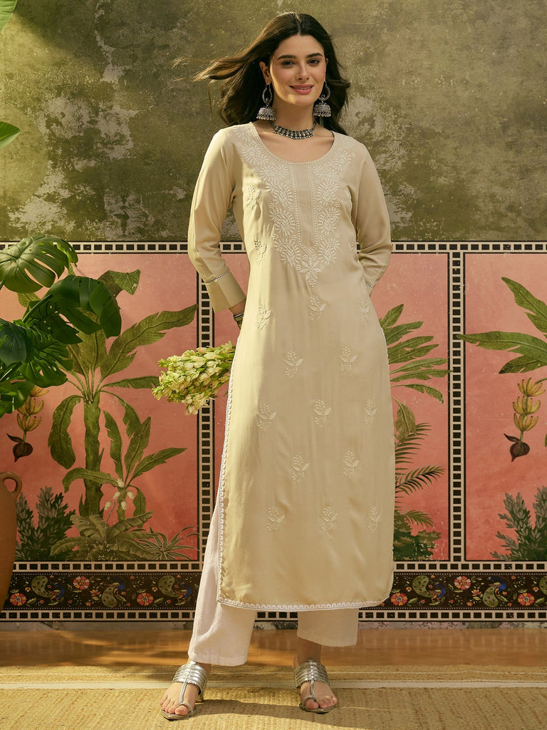 Women's Ivory Solid & Embroidered Rayon Straight Kurta