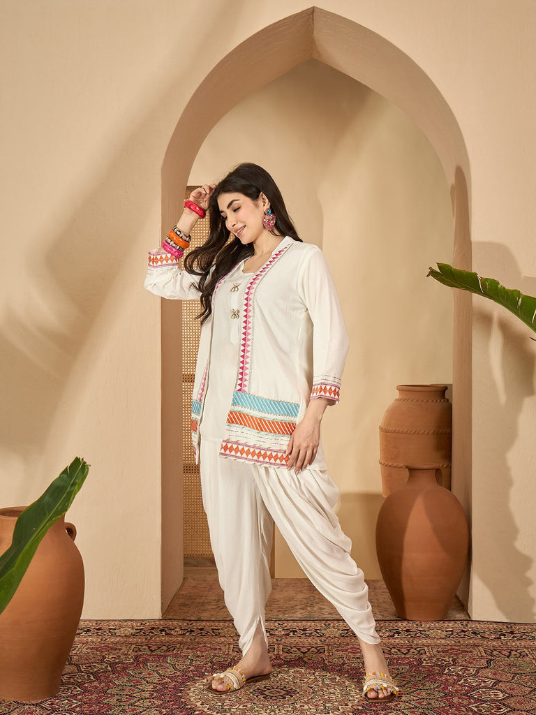 Women's White Solid & Embroidered Rayon A-Line Kurti Dhoti Pant with Jacket