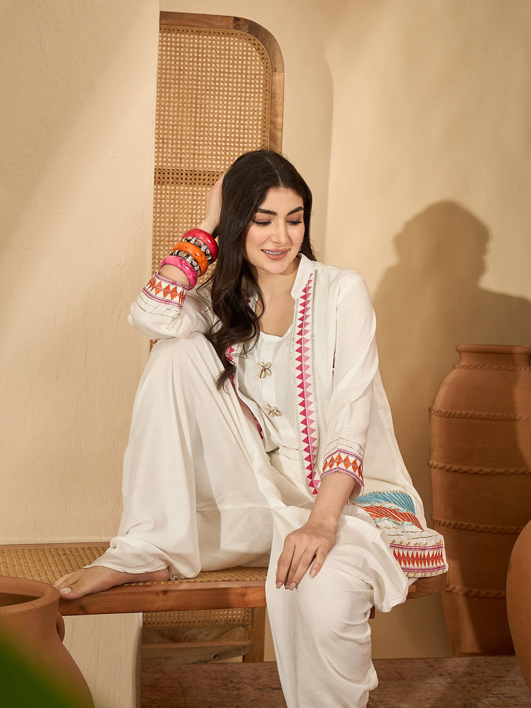 Women's White Solid & Embroidered Rayon A-Line Kurti Dhoti Pant with Jacket
