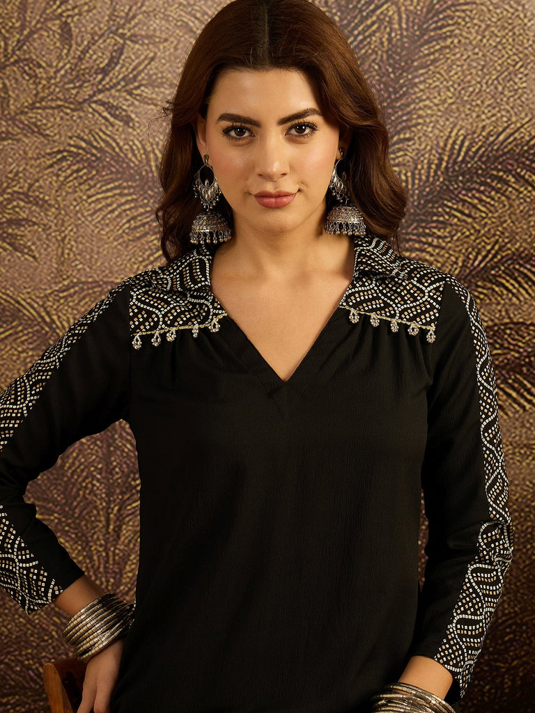 Women's Black Solid Crepe A-Line Kurta Pant Set