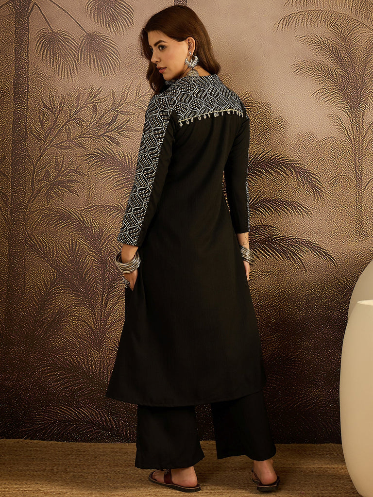 Women's Black Solid Crepe A-Line Kurta Pant Set