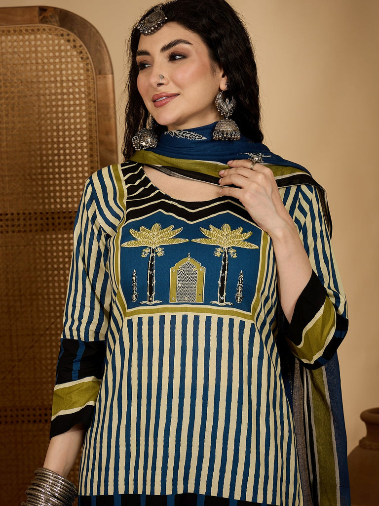 Women's Blue Striped Printed Cotton Straight Kurta Pant Dupatta Set